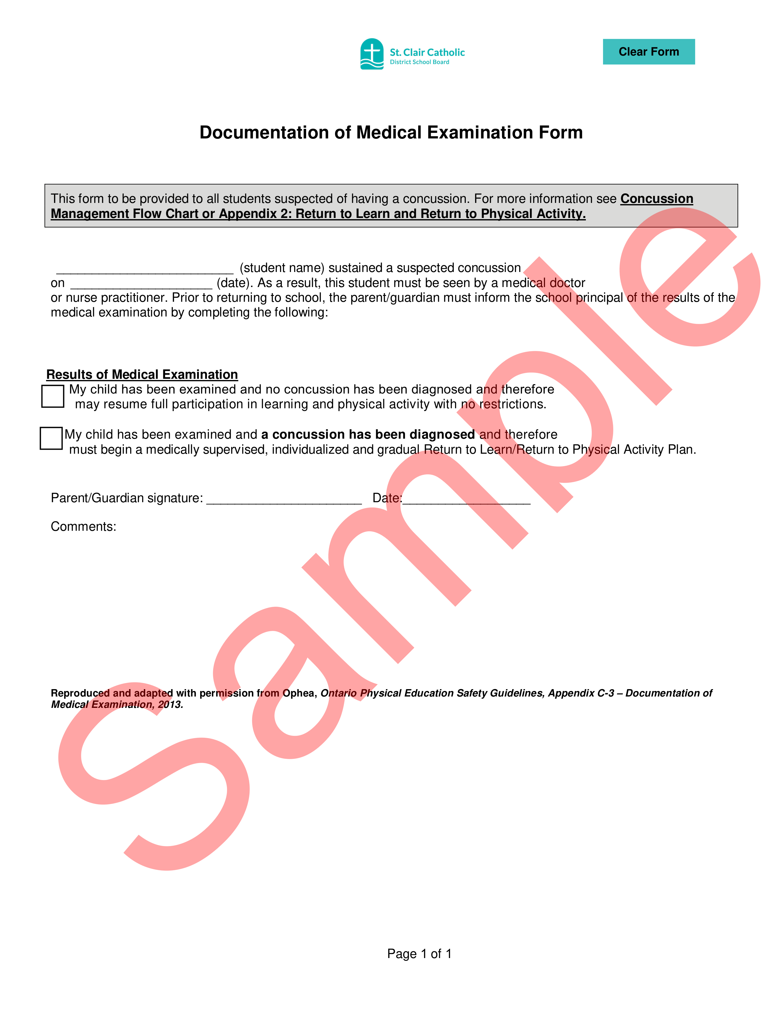 Sample Documentation of Medical Examination form with watermark