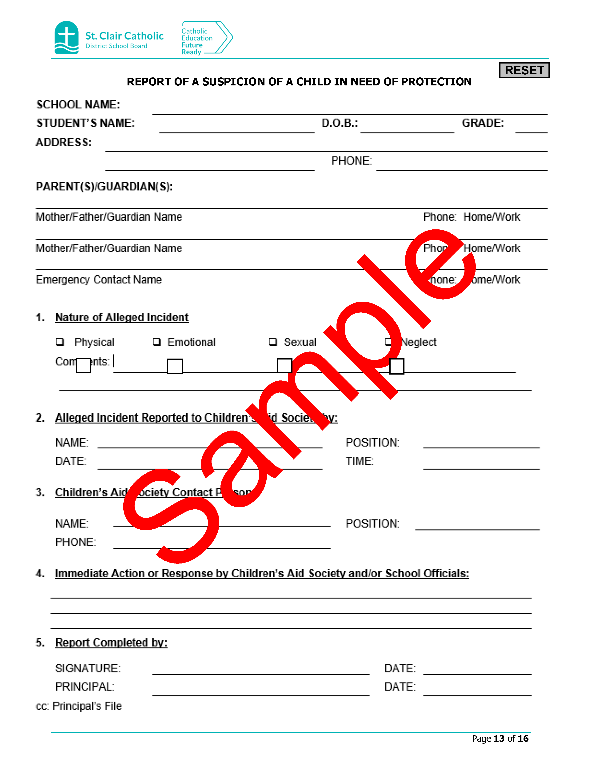 Sample for form reporting suspicion of a child in need of protection, with Sample watermark.
