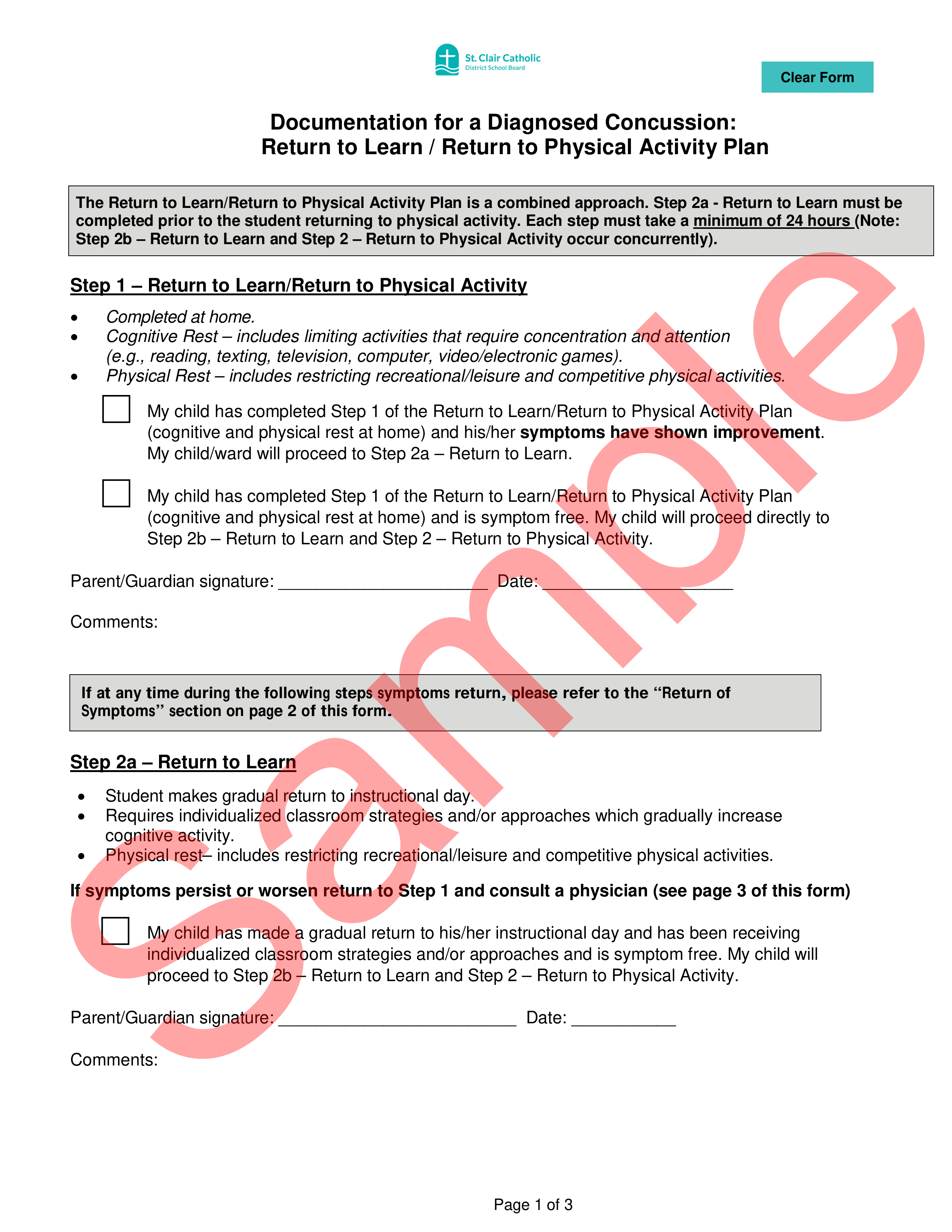 Page 1 of 3 of sample Return to Learn/Return to Physical Activity Plan Form with watermark