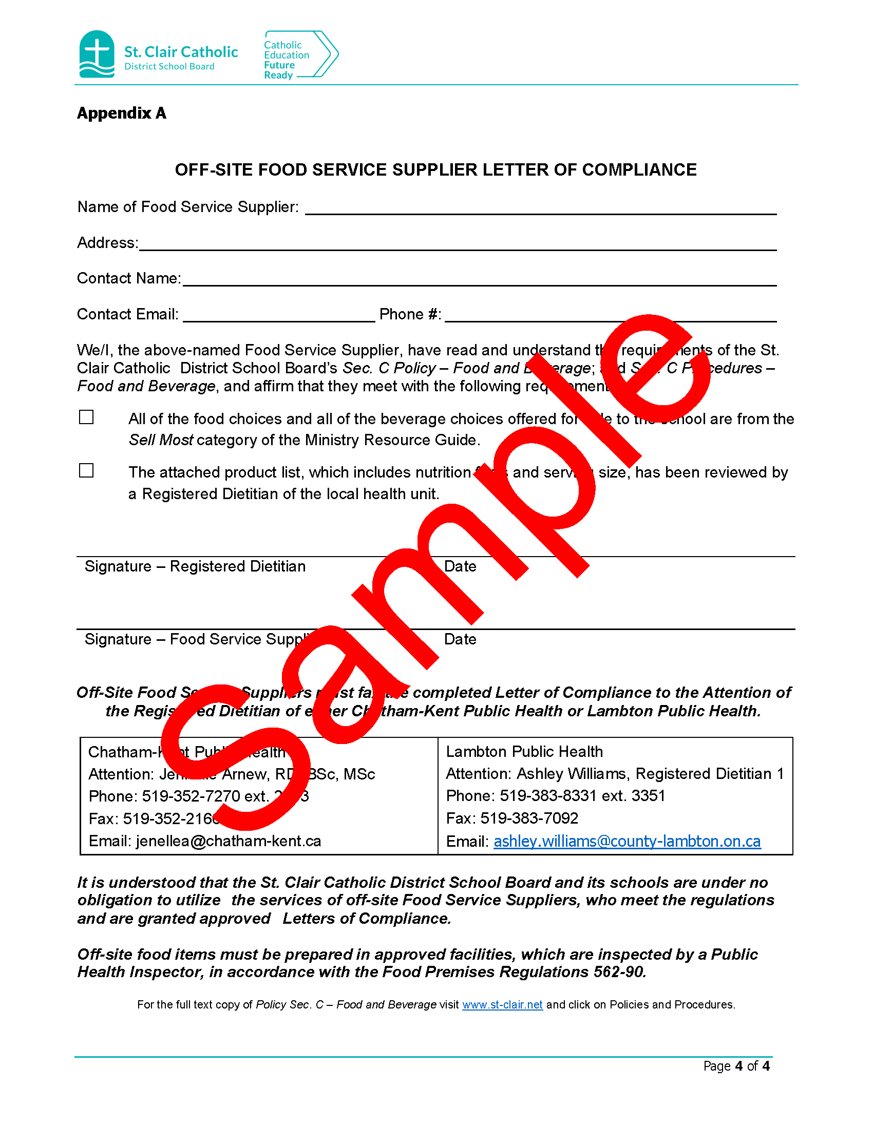 Sample Off-site Food Service Supplier Letter of Compliance, with Sample watermark