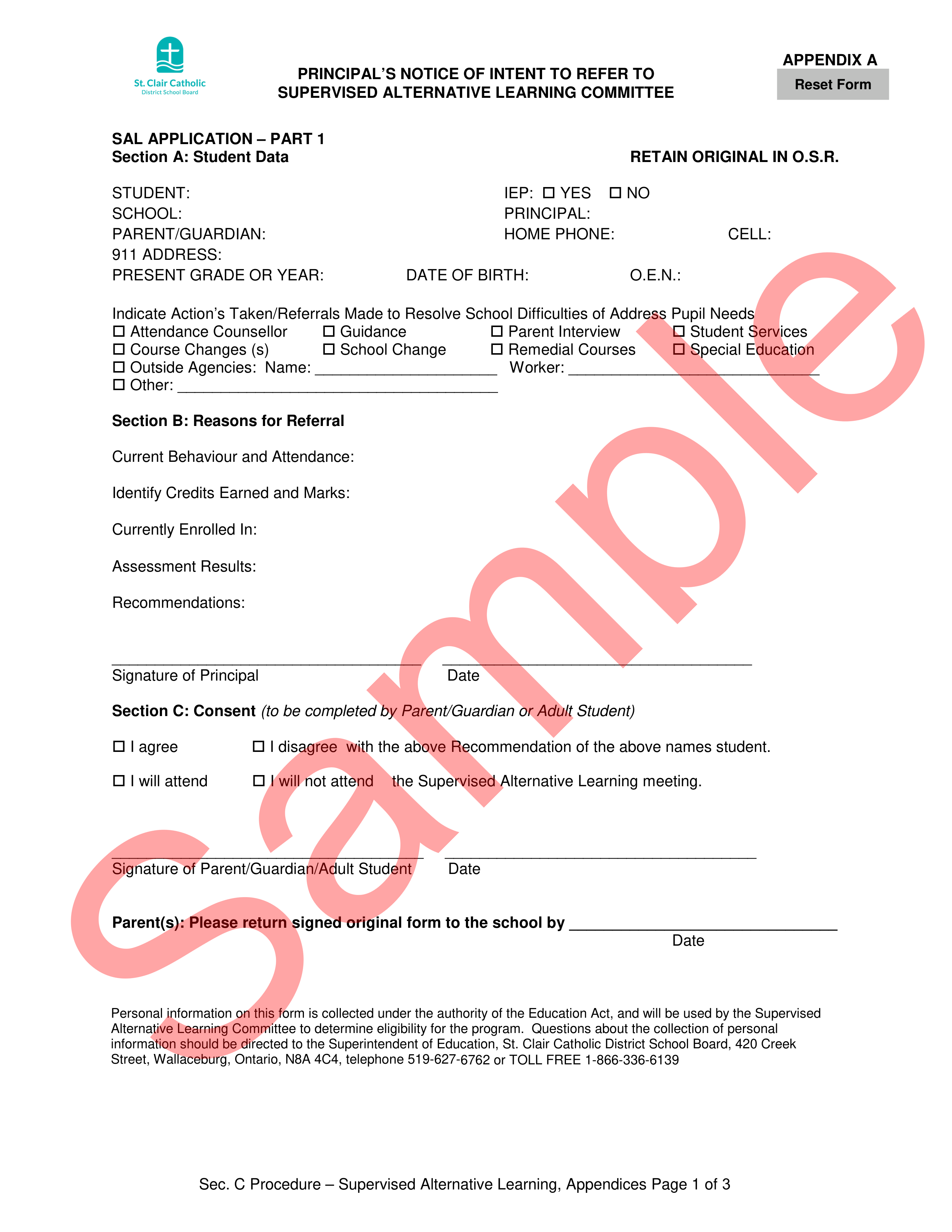 Page 1 of sample form for principal notice of intent to refer to SAL committee, with sample watermark