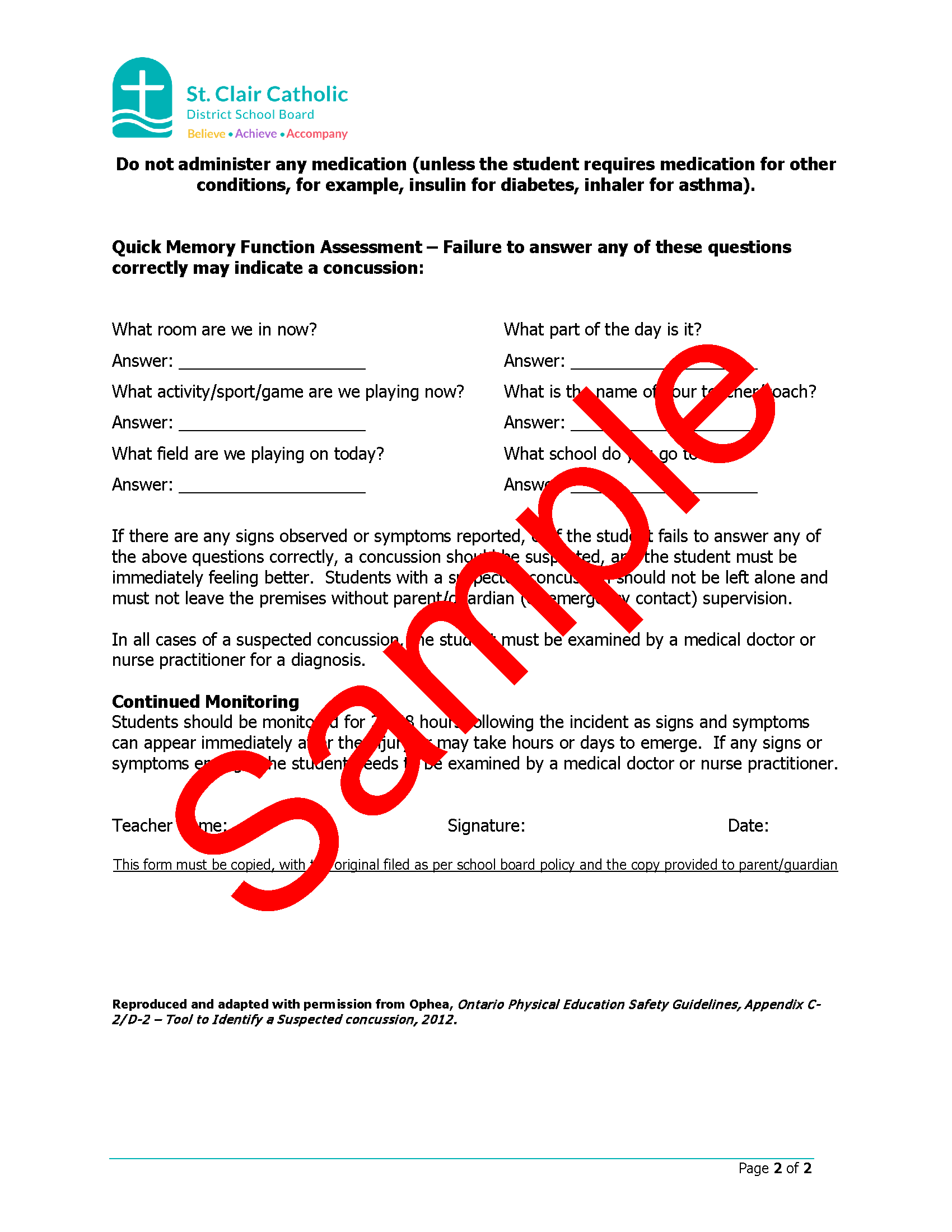 Page 2 of 2 of sample Tool to Identify A Suspected Concussion Form with watermark