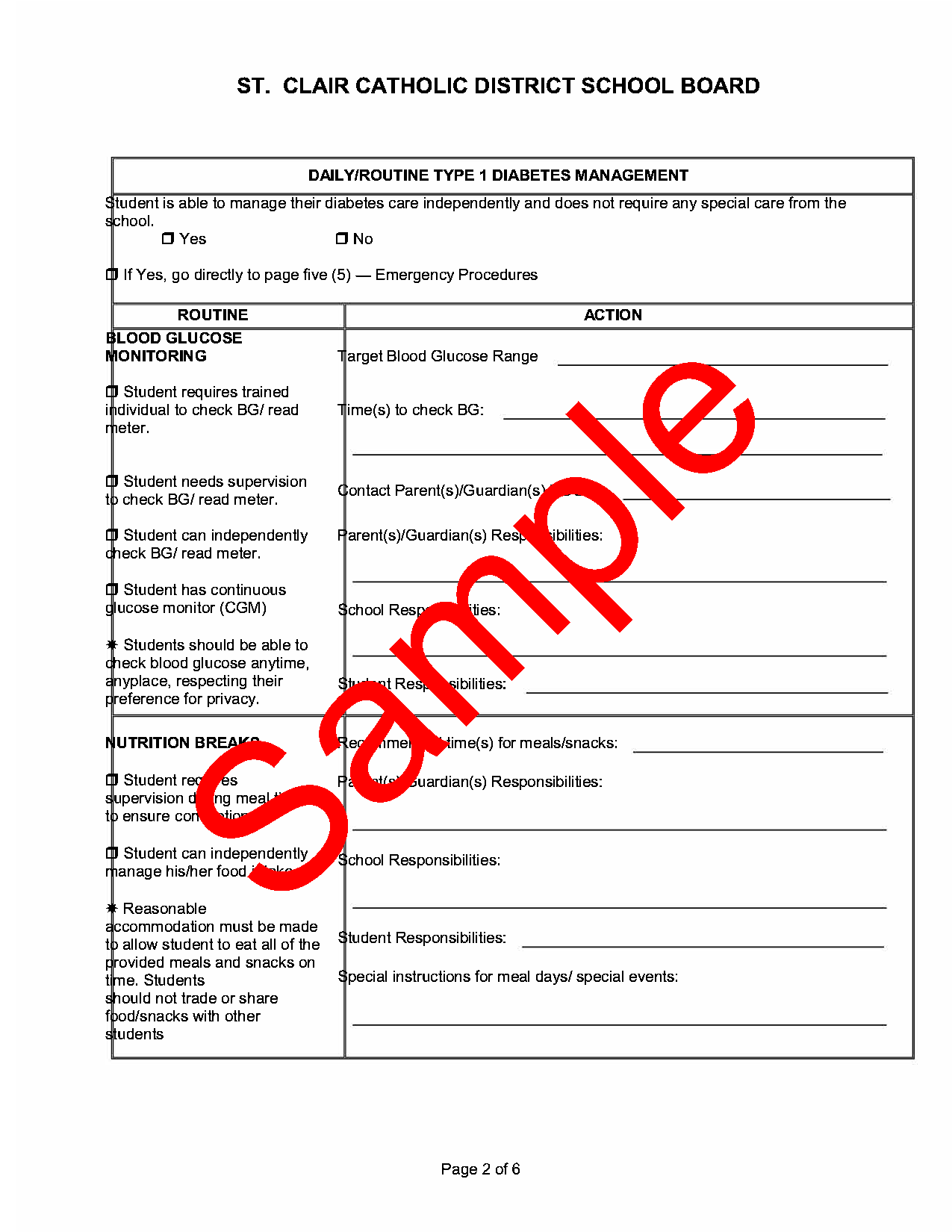 Page 2 of Sample of diabetes support plan of care form, with sample watermark