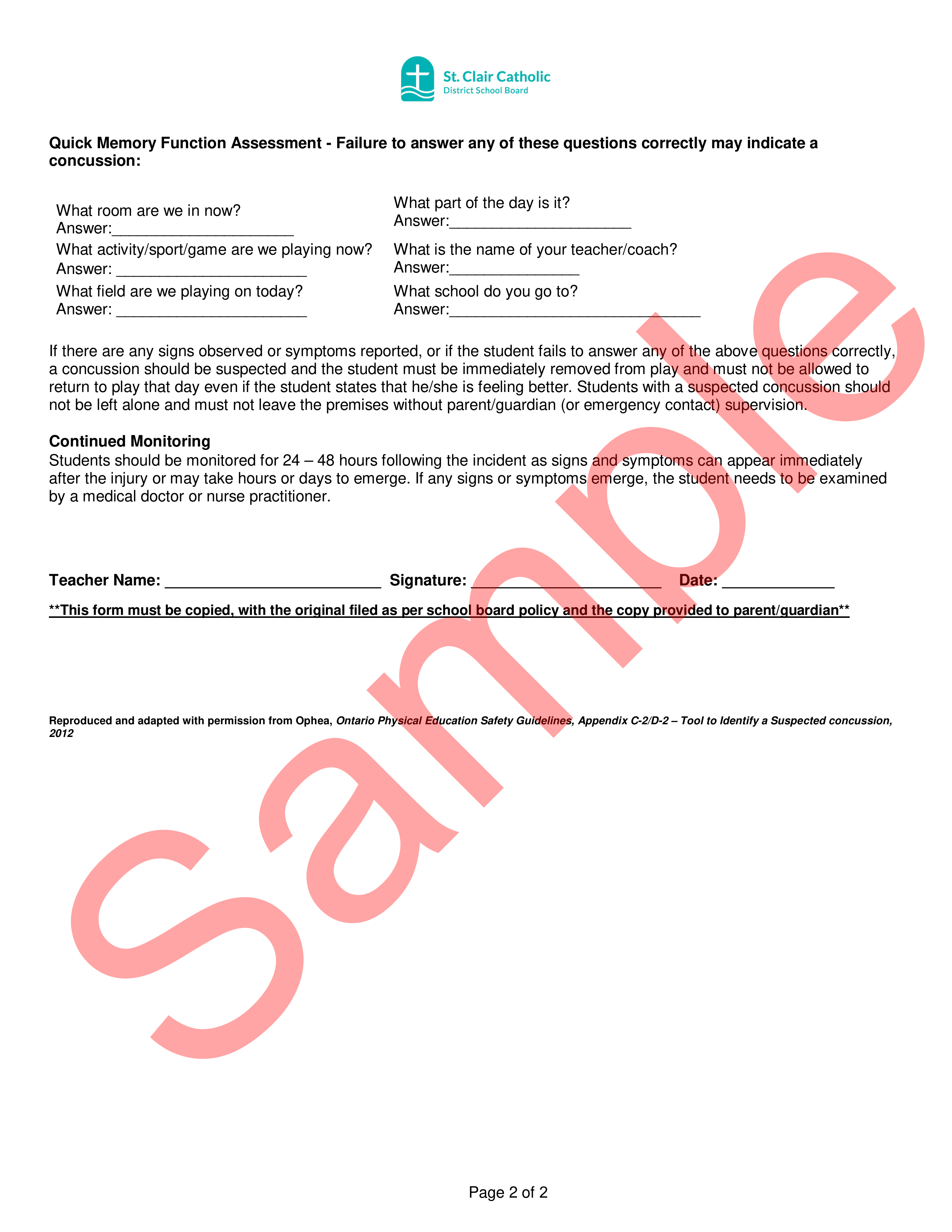 Page 2 of 2 of sample Tool to Identify A Suspected Concussion Form with watermark