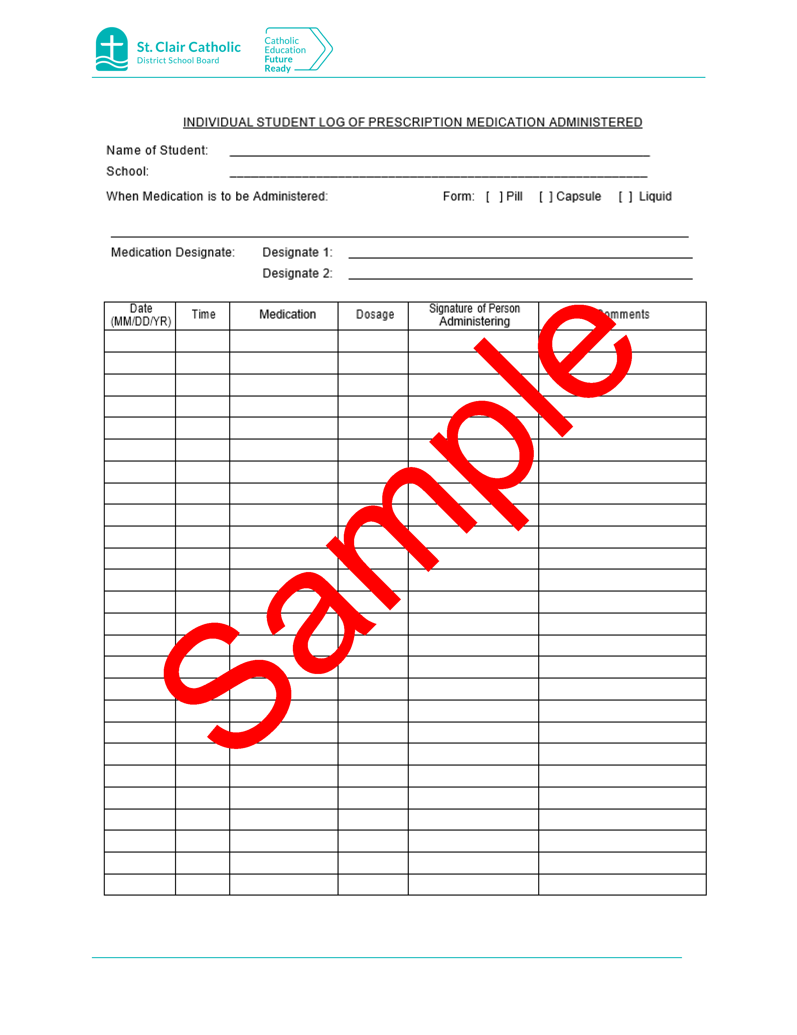 Page 1 of sample form for student log of prescription medication administered