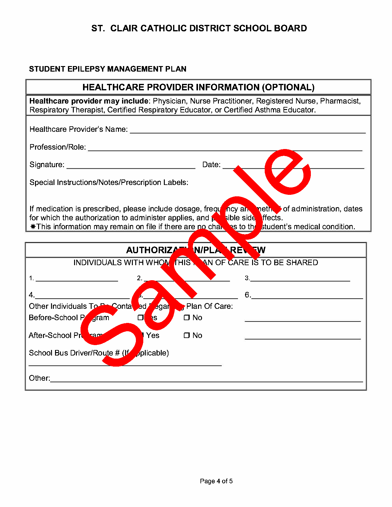 Page 4 of sample form  Student Epilipsy Management Plan of Care , with sample watermark