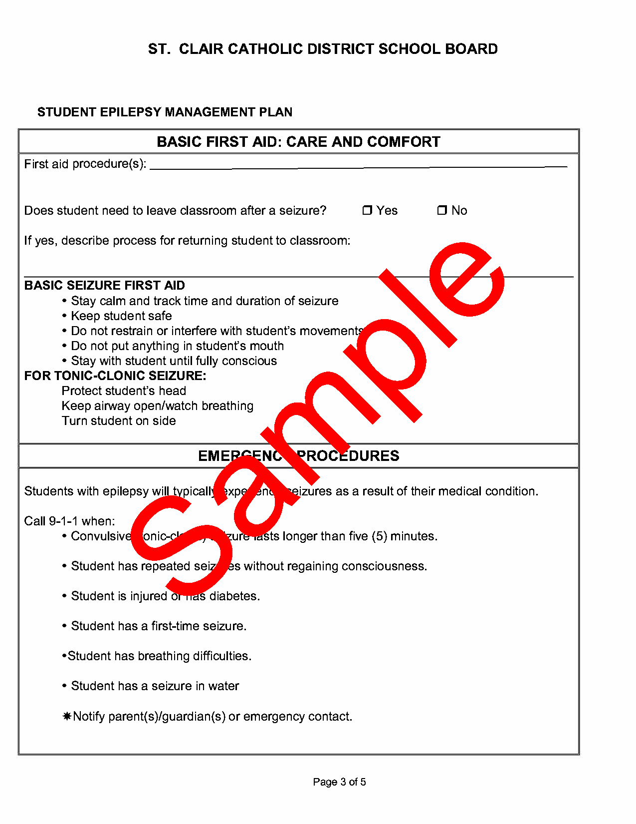 Page 3 of sample form  Student Epilipsy Management Plan of Care , with sample watermark