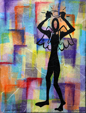 Abstract, colorful illustration of a person with raised arms