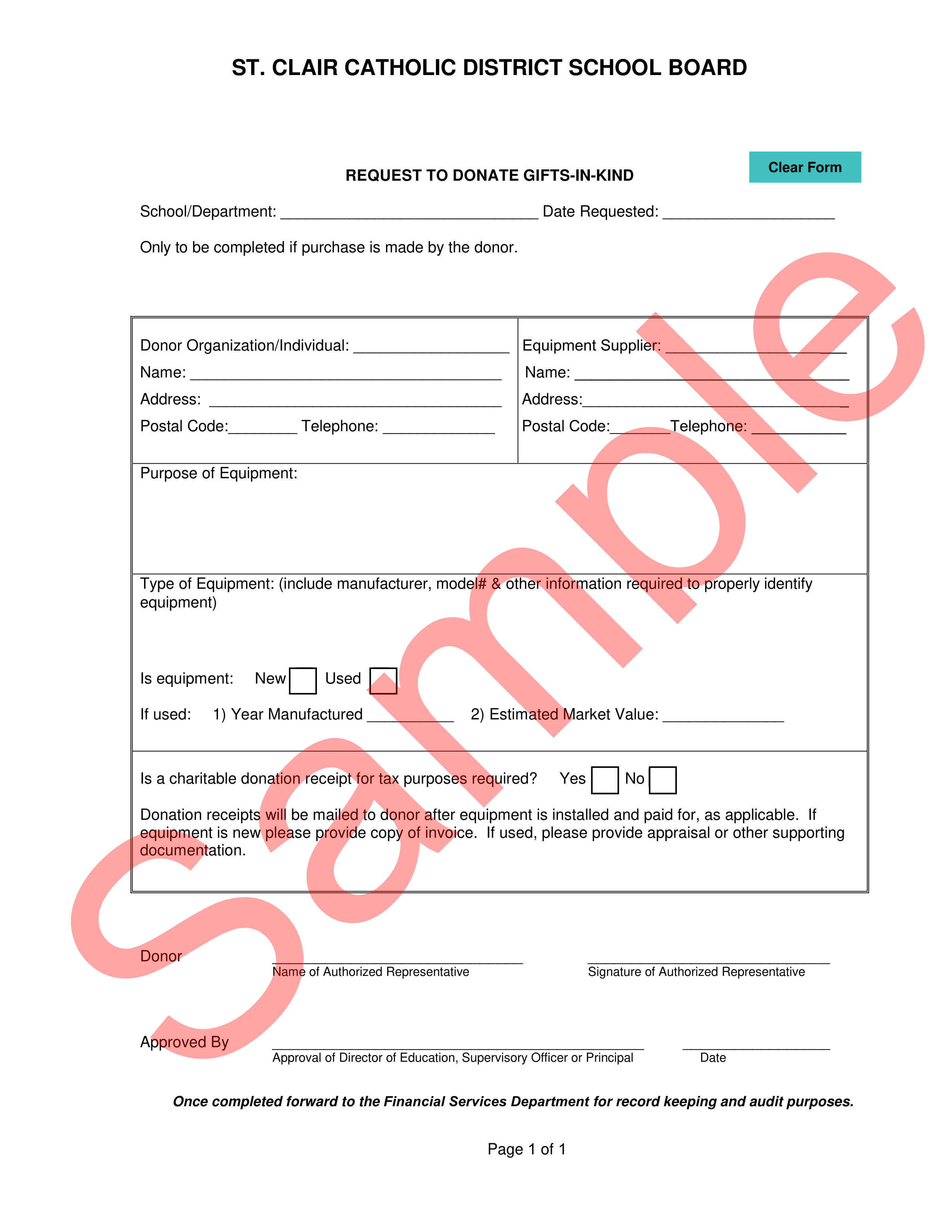 Sample of Request to Donate Gifts-in-Kind form with watermark