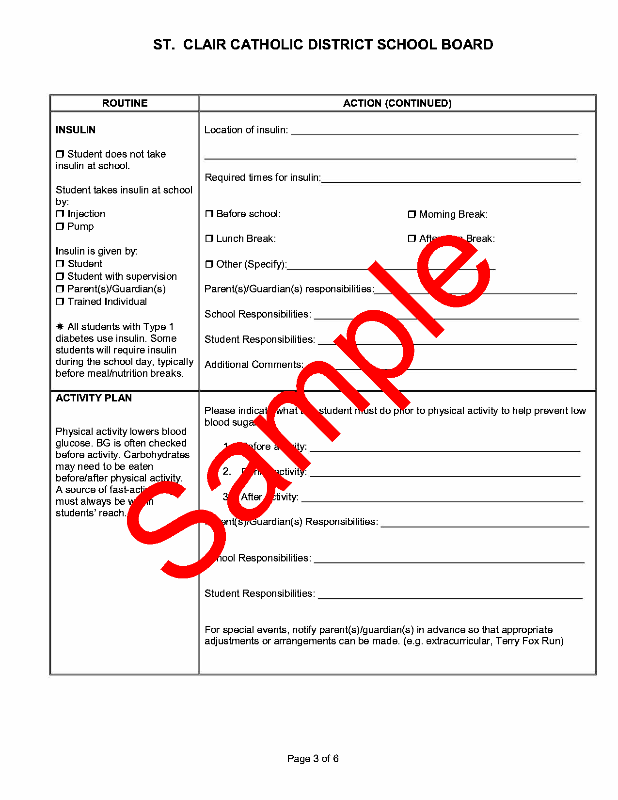 Page 3 of Sample of diabetes support plan of care form, with sample watermark