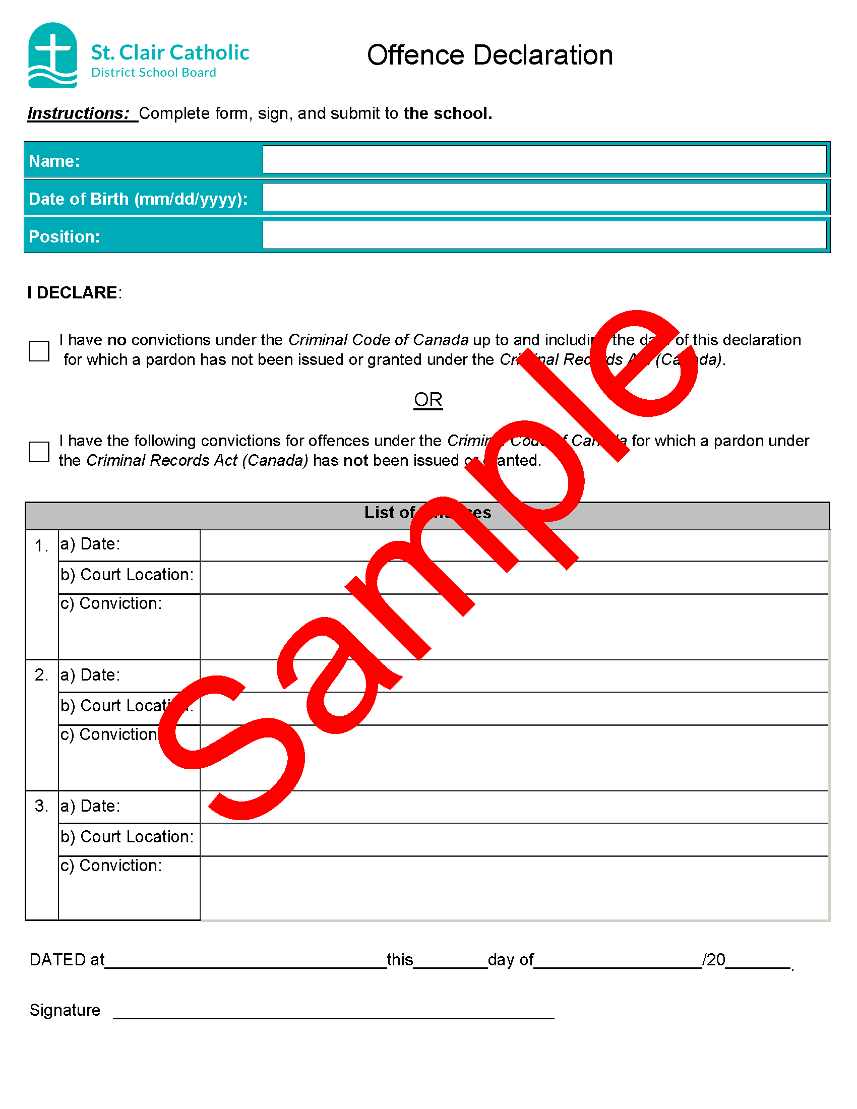 sample of Offence Declaration Form with watermark