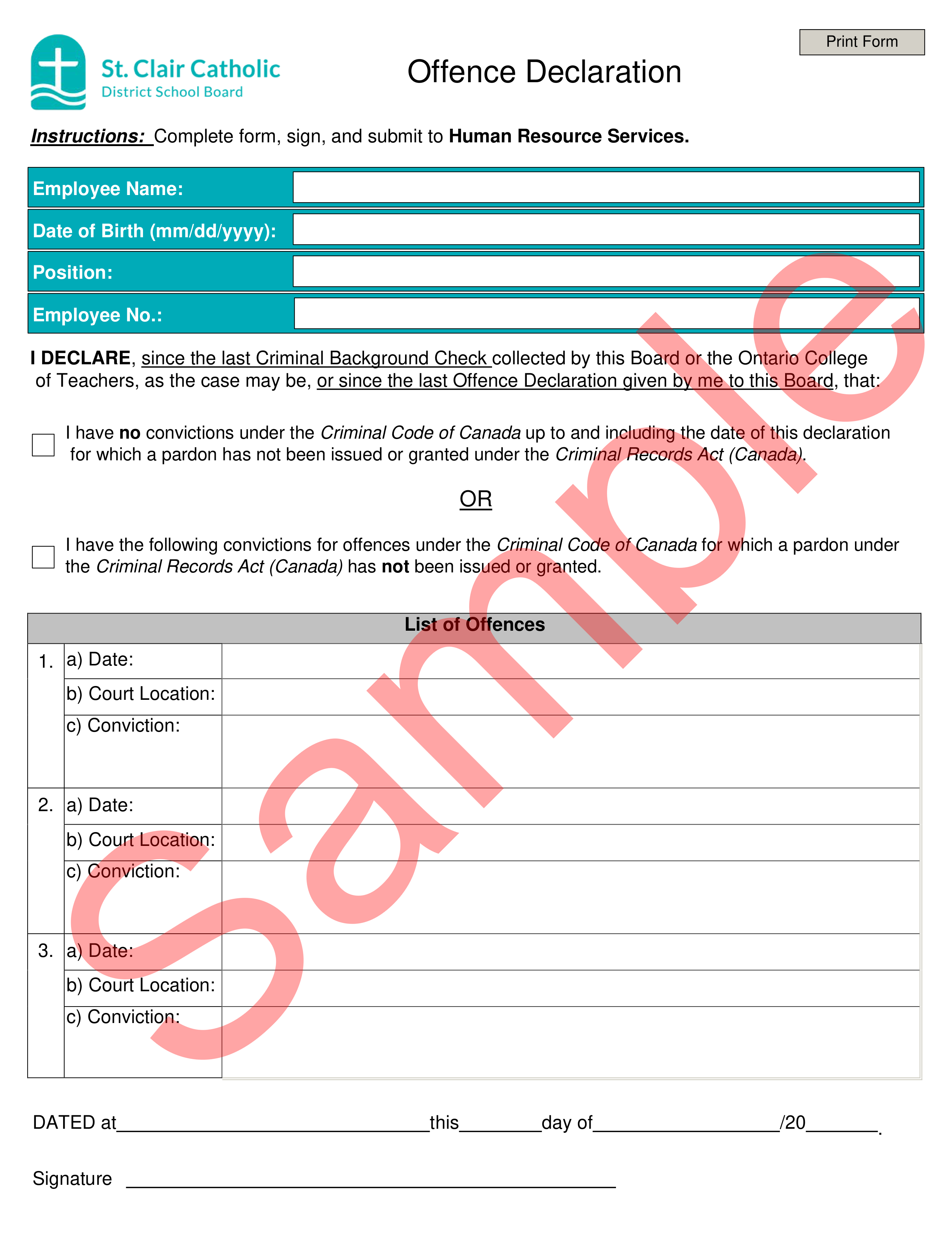 sample of Offence Declaration Form with watermark