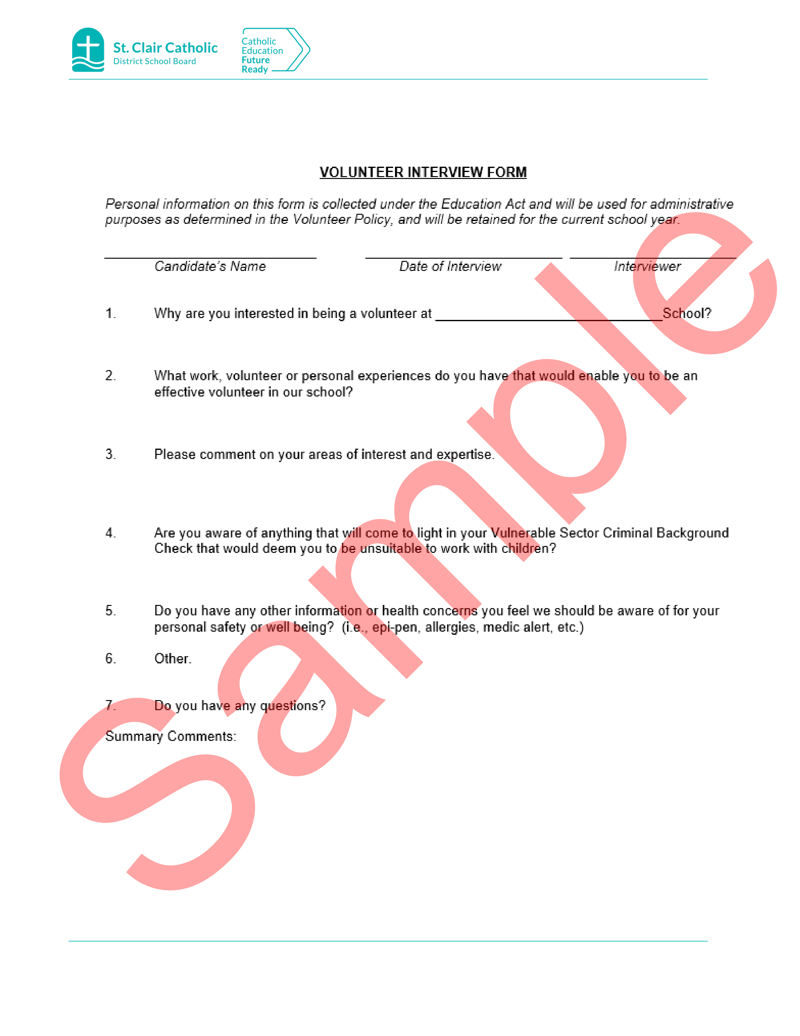 Sample of Volunteer Interview Form, wth watermark