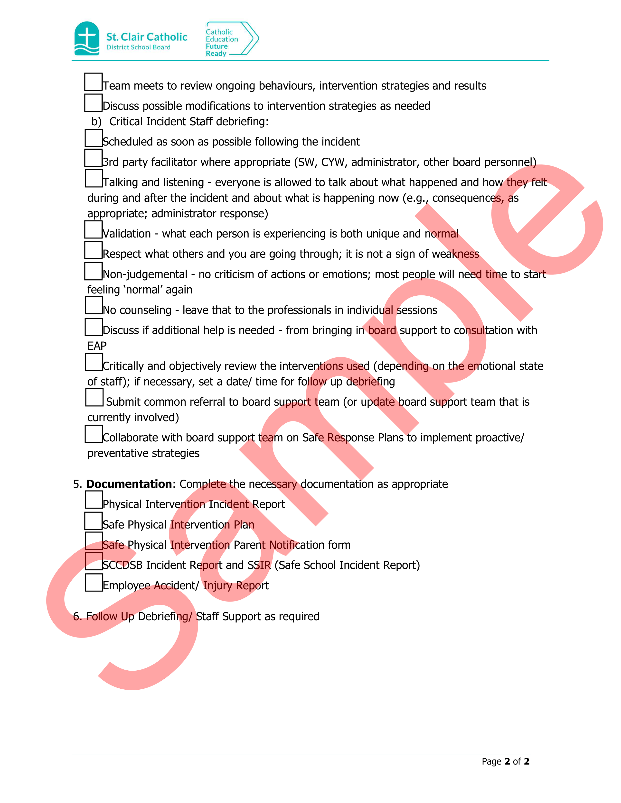 page 2 of sample Review and Debriefing Form, with watermark