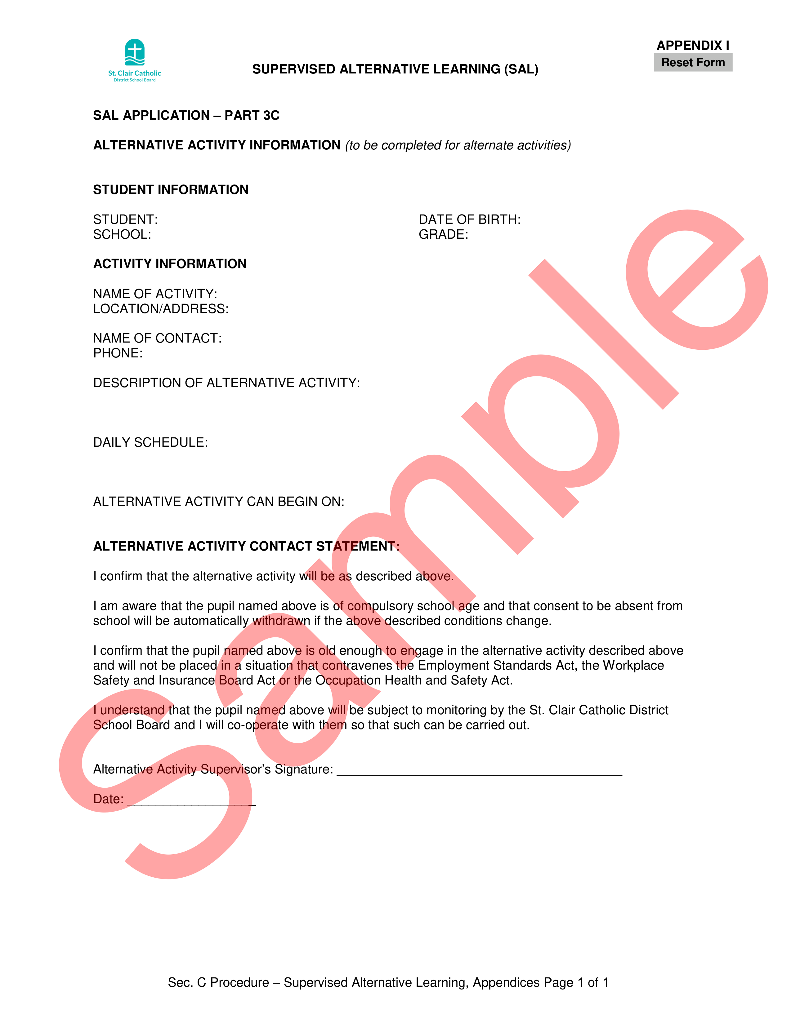 page 1 of SAL Application - Alternate Activity Information form, with watermark