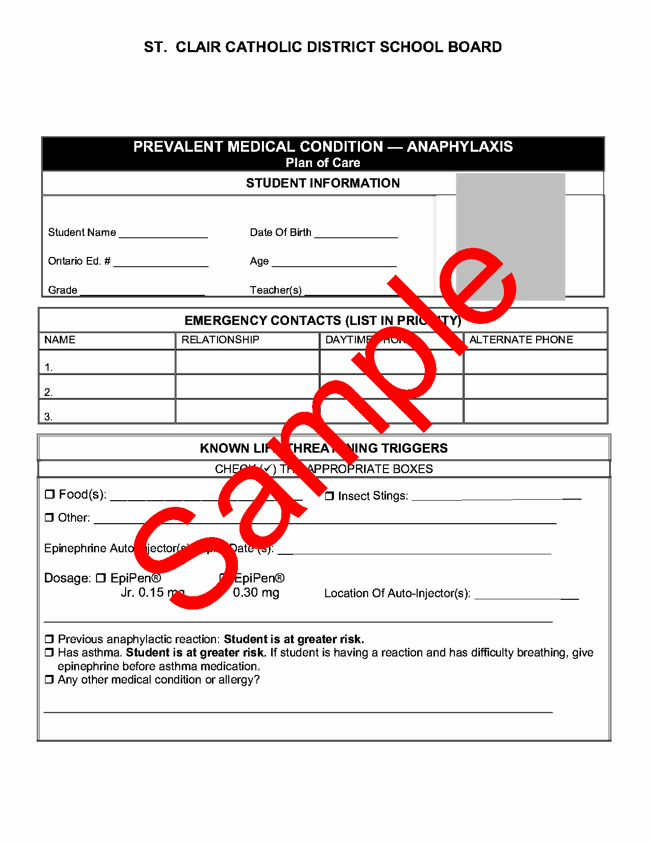 Page 1 of a sample anaphylaxis plan of care form, with watermark
