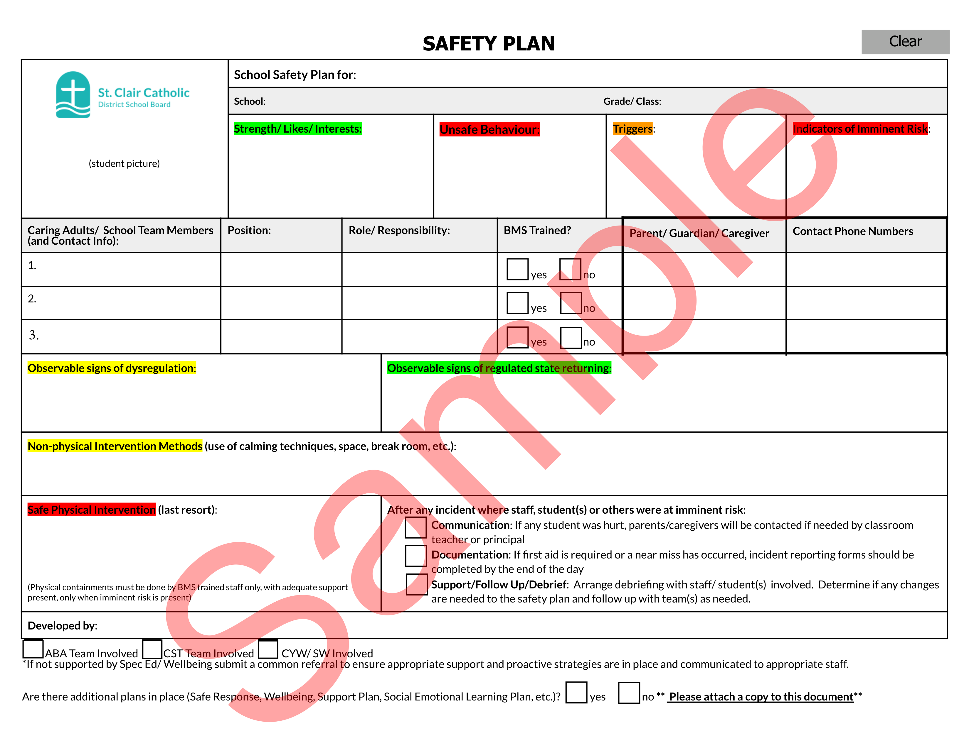 sample of School Safety Plan form, with watermark