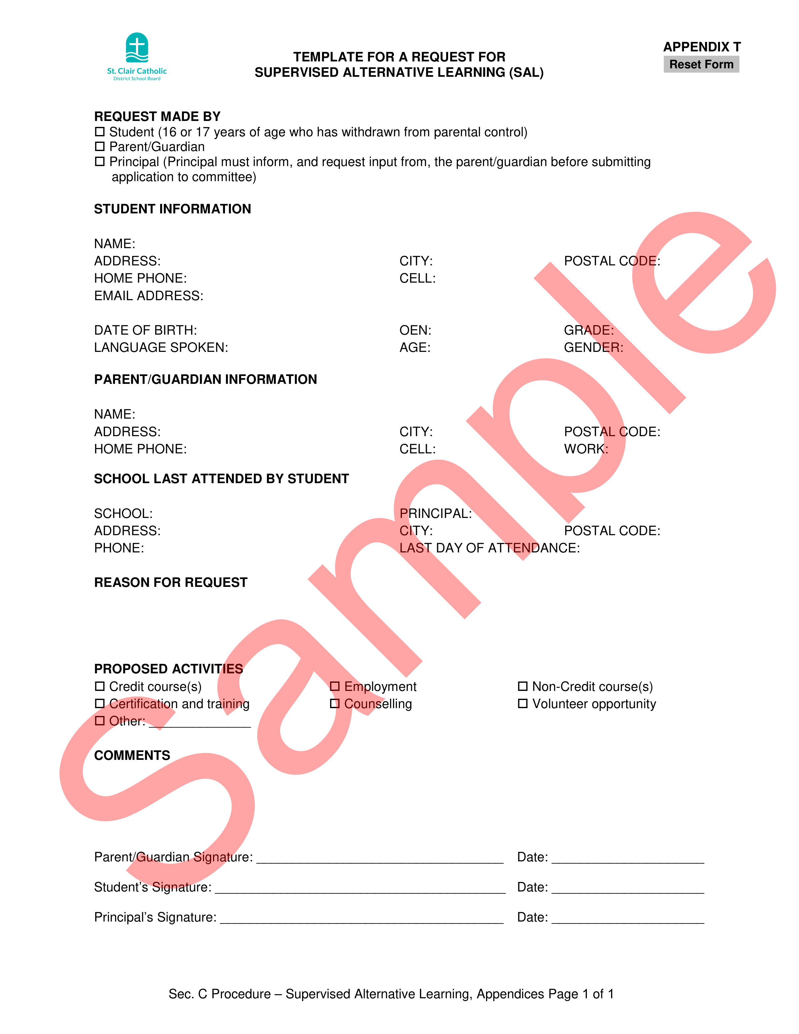 Sample of Request for SAL Form, with watermark