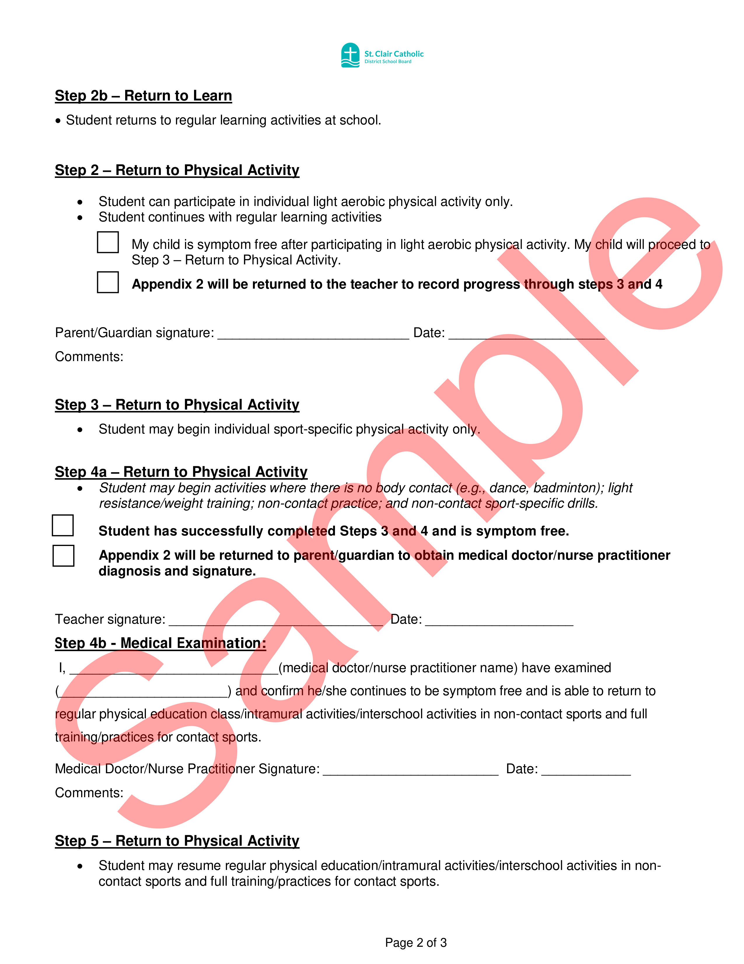 Page 2 of 3 of sample Return to Learn/Return to Physical Activity Plan Form with watermark