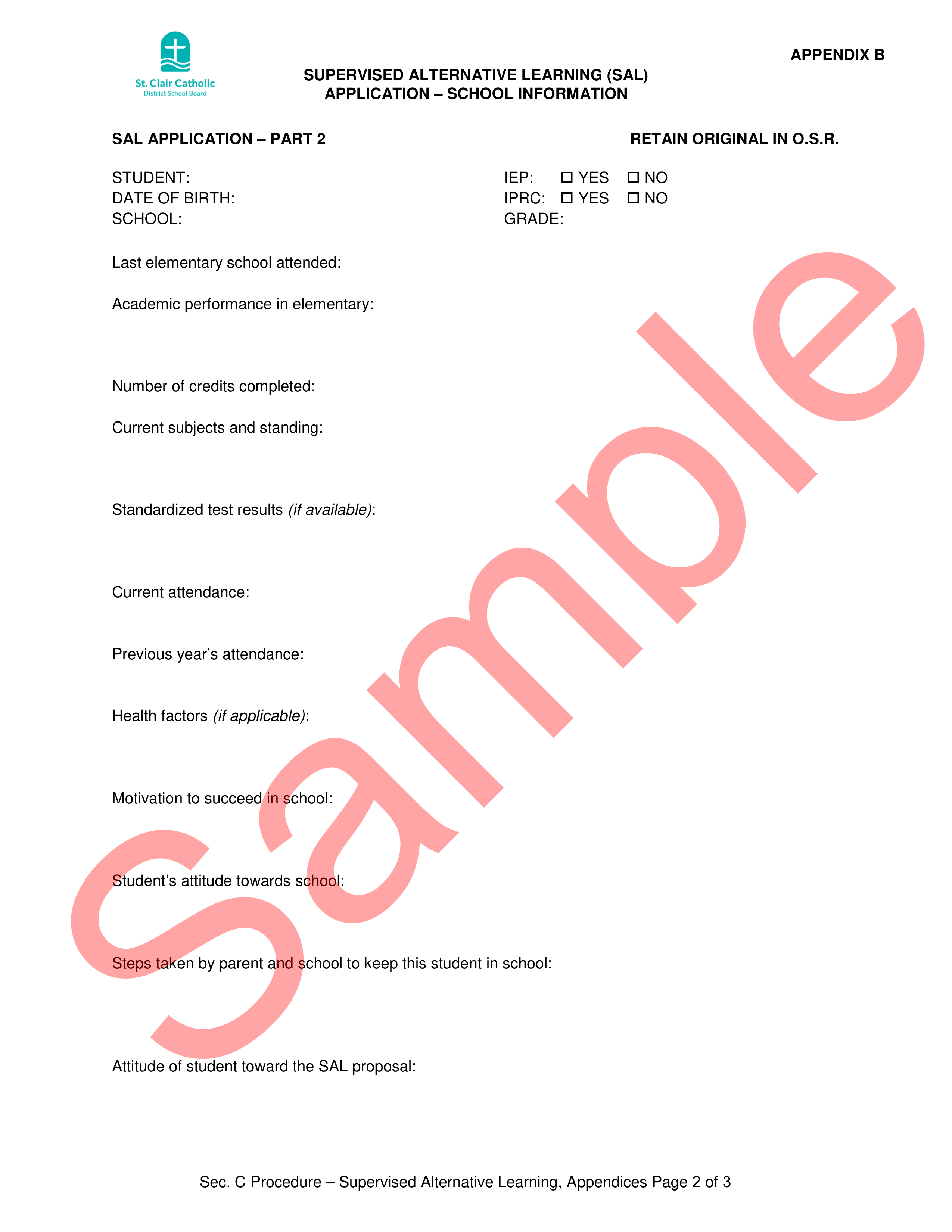 page 2 of sample SAL Appication - Parent or Guardian Request Form, with watermark
