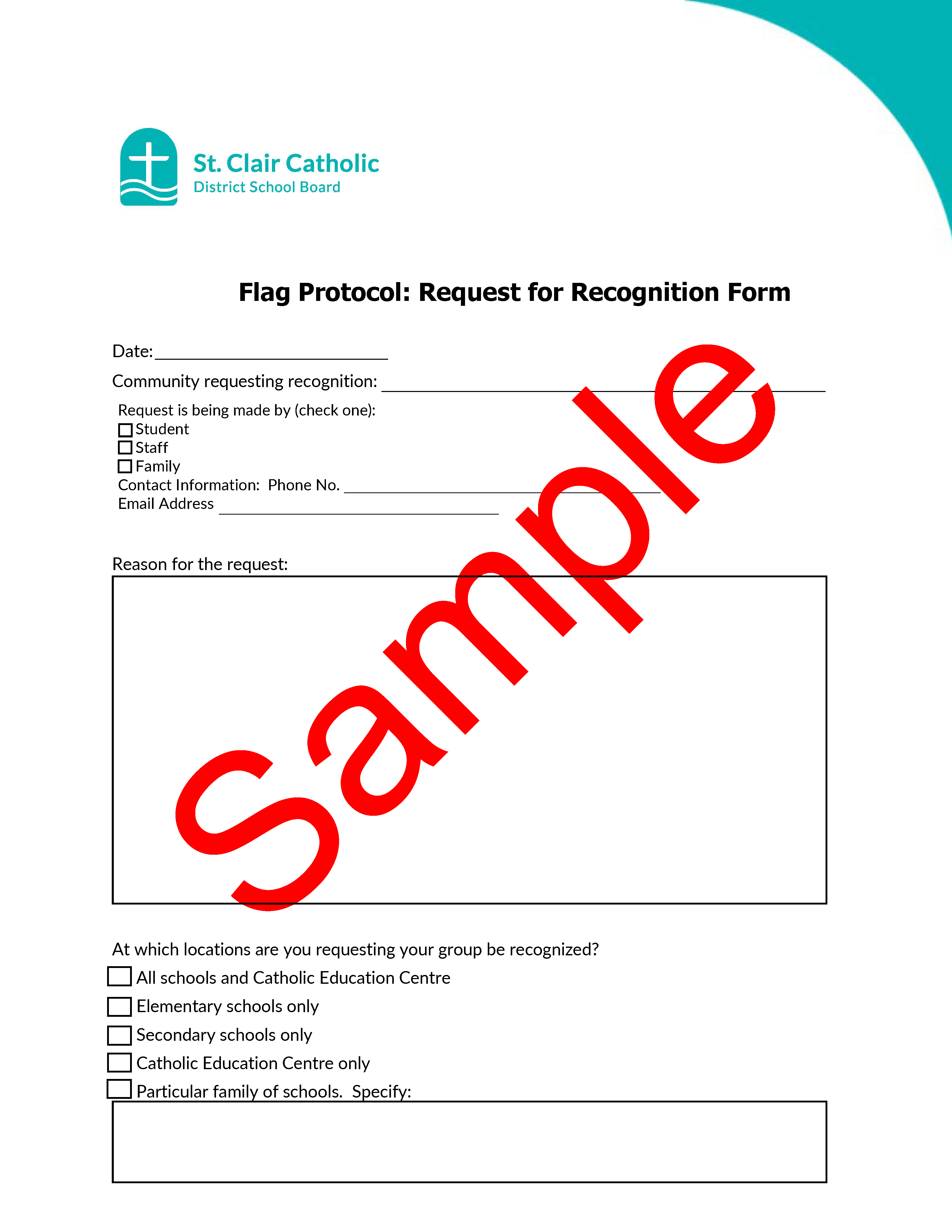 Page 1 of sample form for Requesting Flag Recognition, with Sample watermark