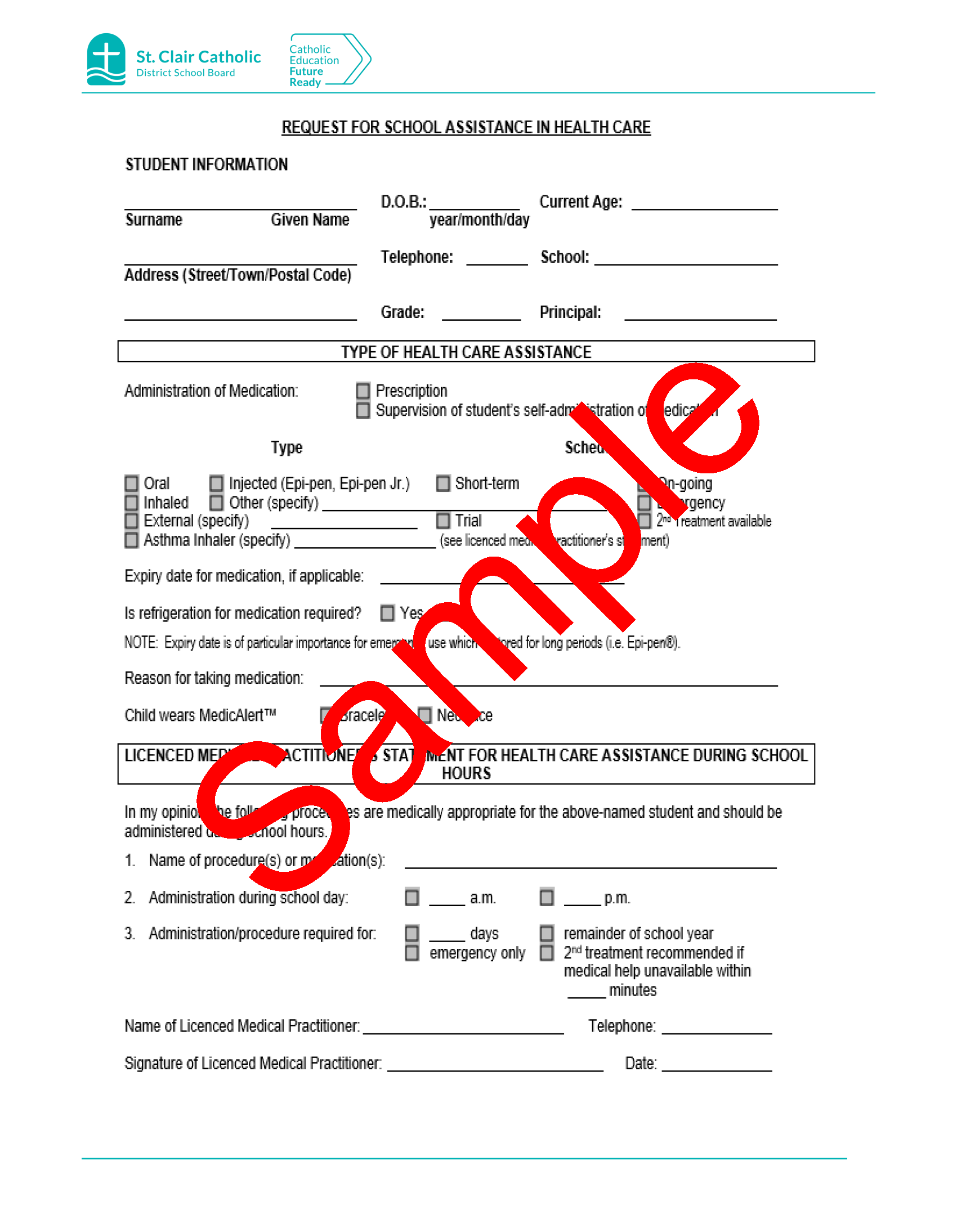 Page 1 of a sample form for Request for  School Assistance in Health Care, with watermark